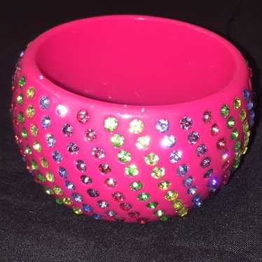 Vintage chunky plastic hot pink rhinestone bracel… - image 1