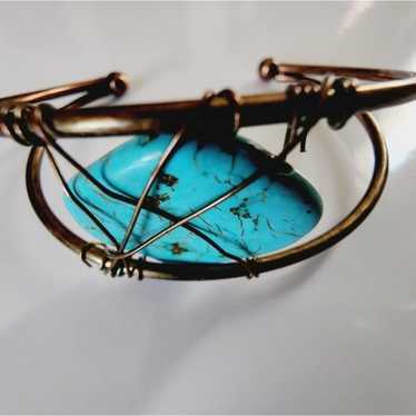 Cuff bangle with wire wrapped turquoise color sto… - image 1