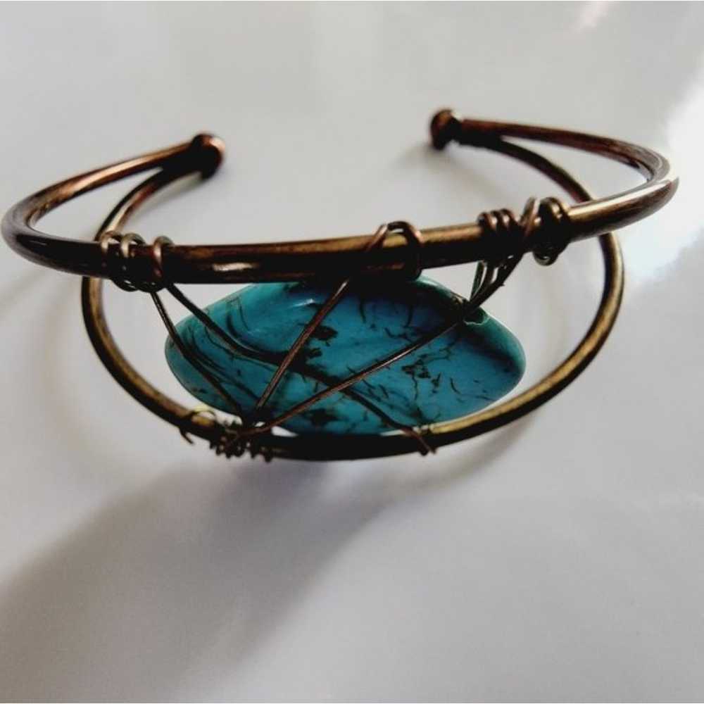 Cuff bangle with wire wrapped turquoise color sto… - image 2