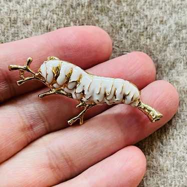 Monarch Caterpillar Brooch White And Gold tone Pi… - image 1