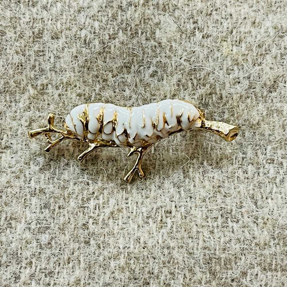 Monarch Caterpillar Brooch White And Gold tone Pi… - image 2