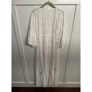 White Geometric Crochet Longline Kimono No Tags - image 1