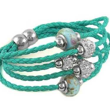 Teal braided bracelet with murano beads and Austr… - image 1