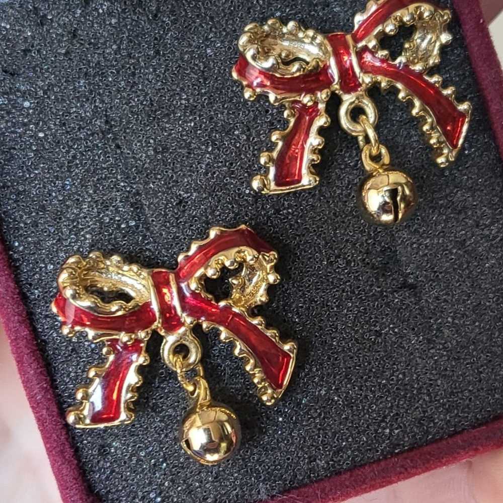 Vintage JINGLE BELL BOW EARRINGS Stud Posts Red E… - image 1