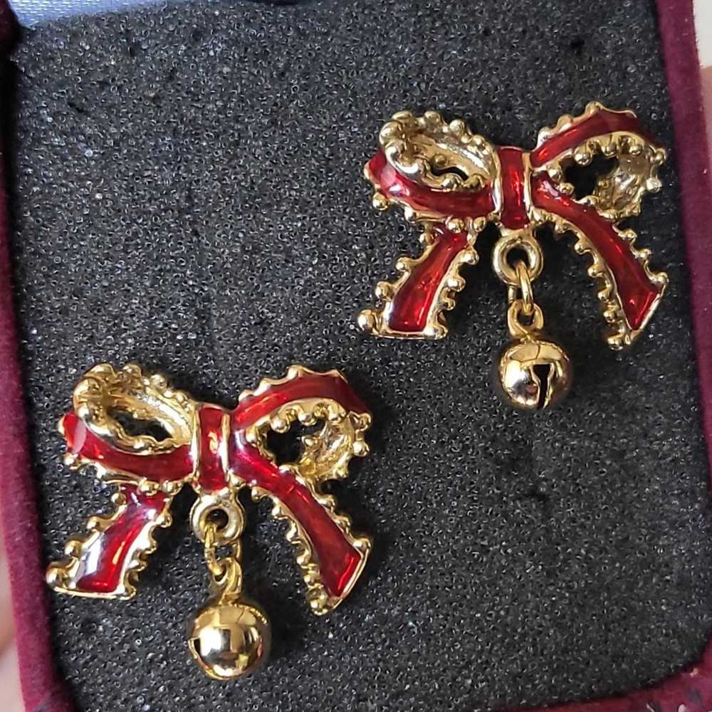 Vintage JINGLE BELL BOW EARRINGS Stud Posts Red E… - image 8