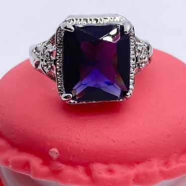 Vintage Style Ring Silver Tone Purple Blue Glass … - image 1