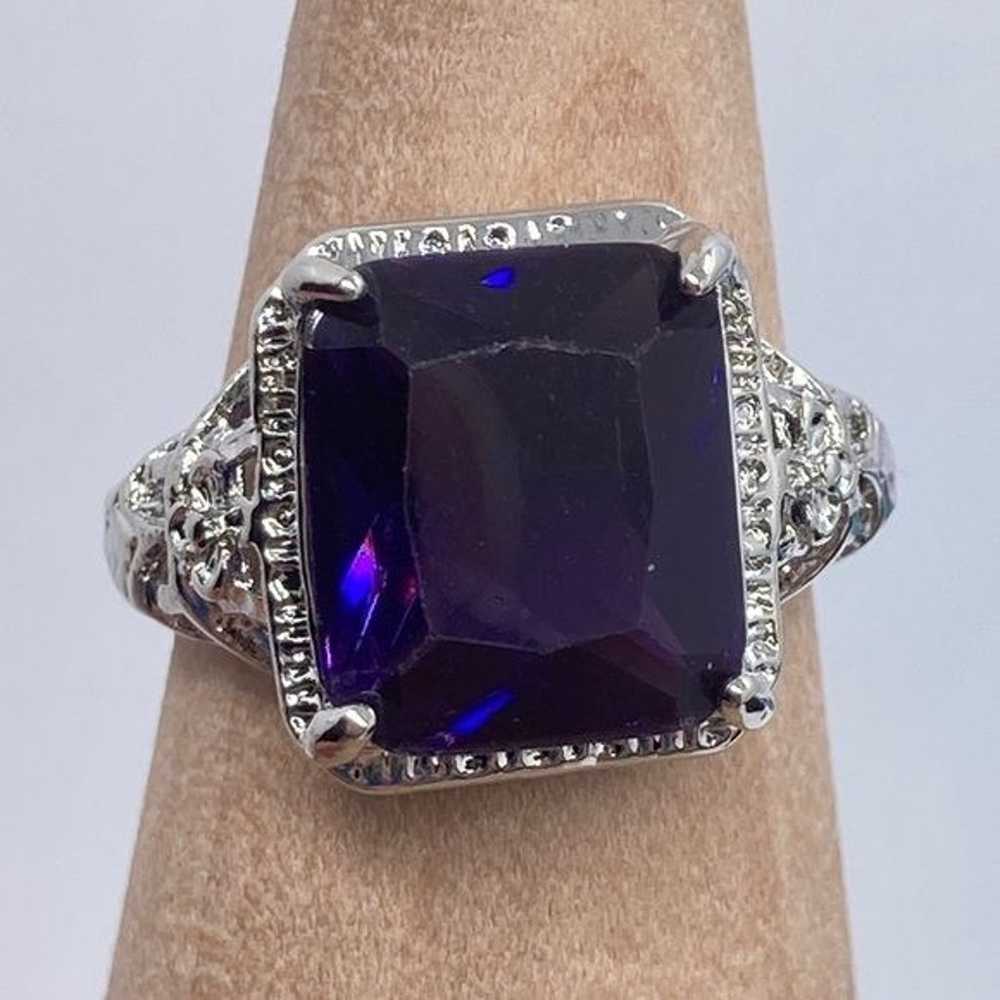 Vintage Style Ring Silver Tone Purple Blue Glass … - image 4