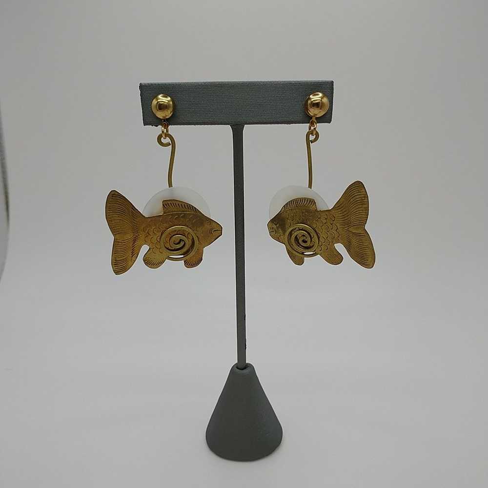 Fish Earrings Pierced Dangle Gold Toned 2.5" x 1.… - image 1