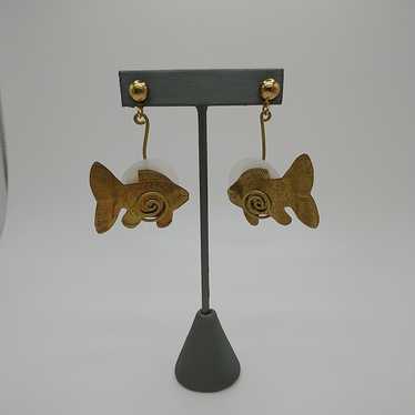 Fish Earrings Pierced Dangle Gold Toned 2.5" x 1.… - image 1