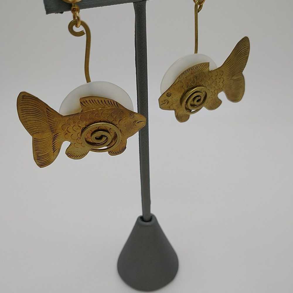 Fish Earrings Pierced Dangle Gold Toned 2.5" x 1.… - image 3