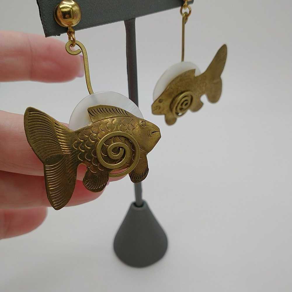 Fish Earrings Pierced Dangle Gold Toned 2.5" x 1.… - image 4