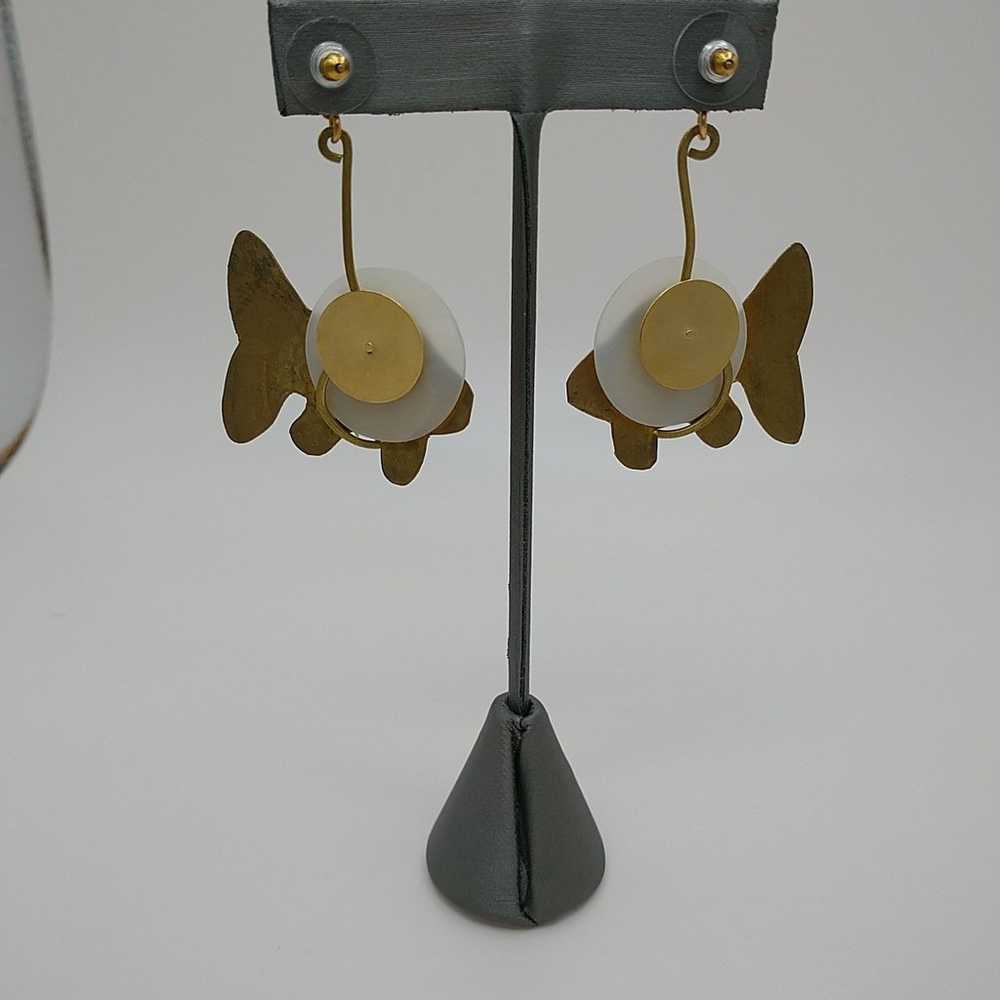 Fish Earrings Pierced Dangle Gold Toned 2.5" x 1.… - image 5