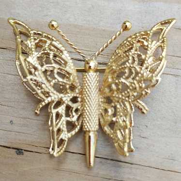 VTG Signed MONET Goldtone Double Wings Filigree B… - image 1