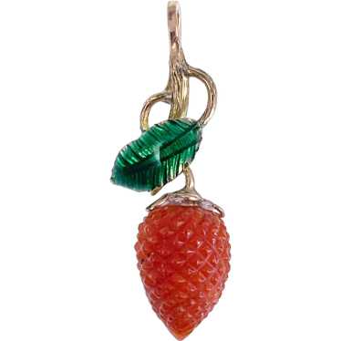 Coral Berry Charm with Green Enameled Leaf - image 1