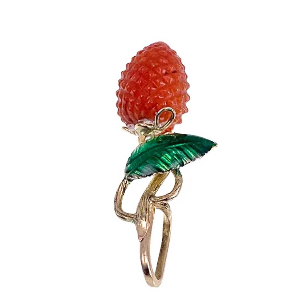 Coral Berry Charm with Green Enameled Leaf - image 4