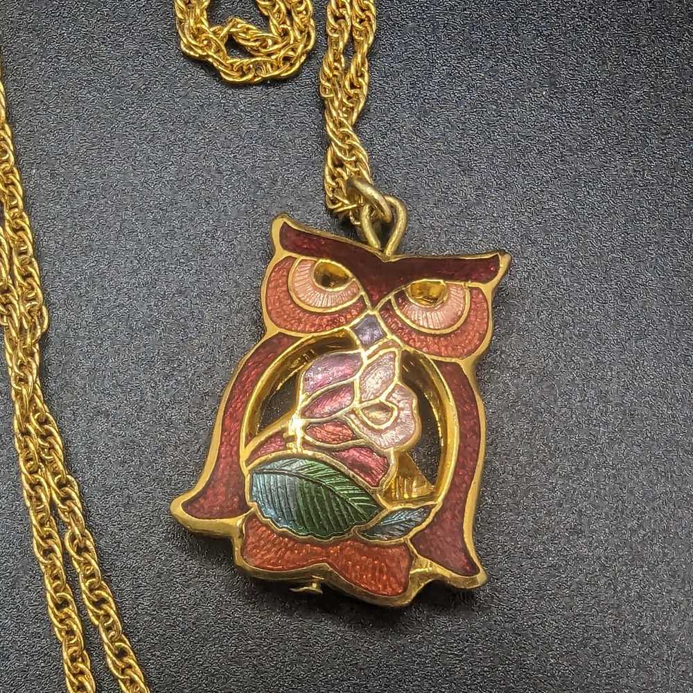 Vintage cloisonne owl necklace - image 2