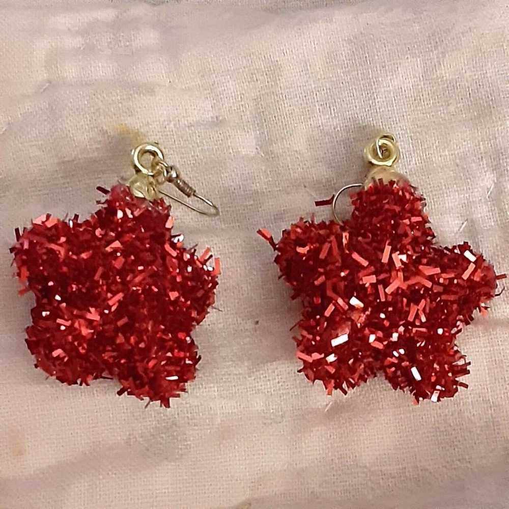 10 pairs vintage red silver star tinsel earrings … - image 1