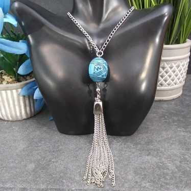 Vintage Silver Tone Blue Stone & Tassel Necklace.… - image 1