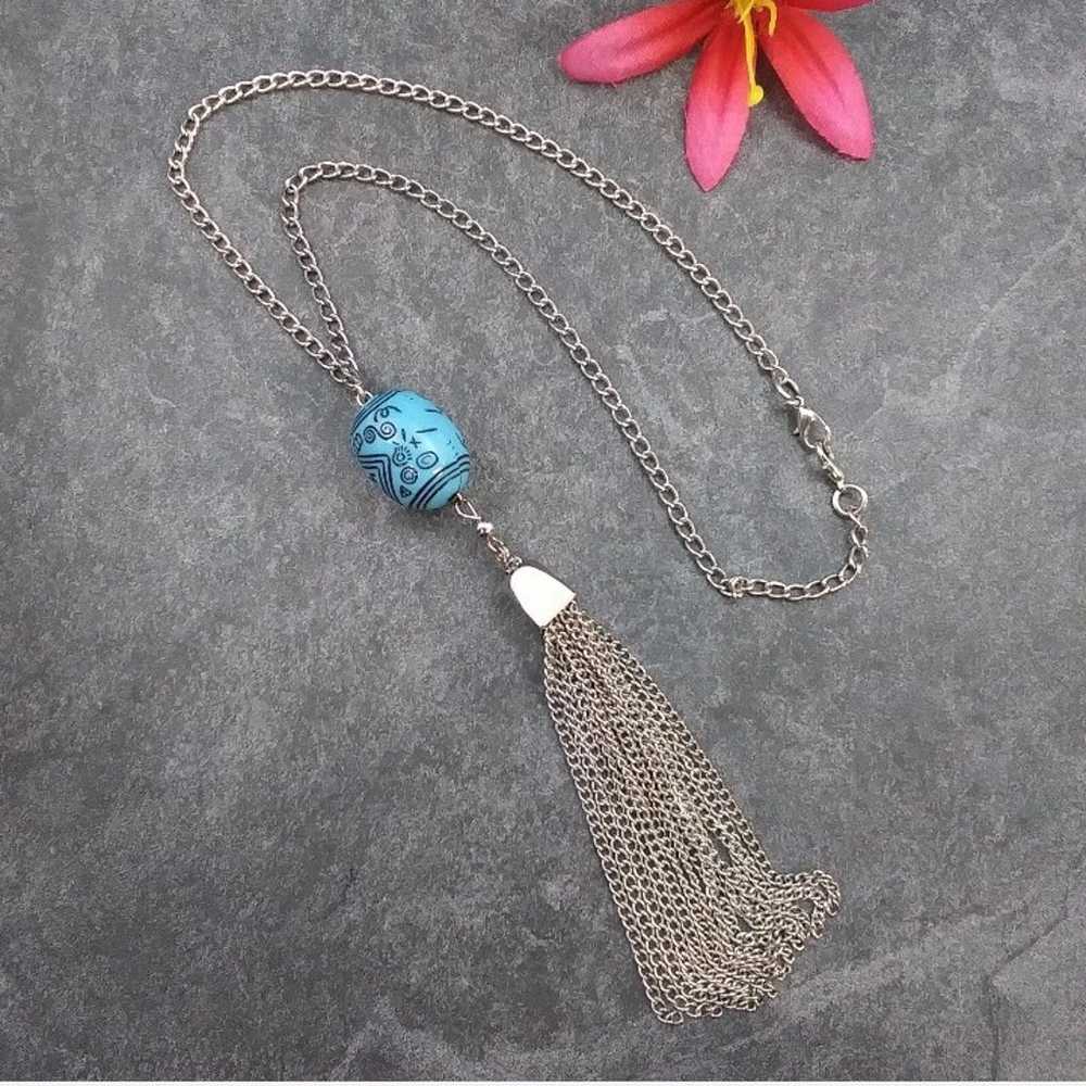 Vintage Silver Tone Blue Stone & Tassel Necklace.… - image 2