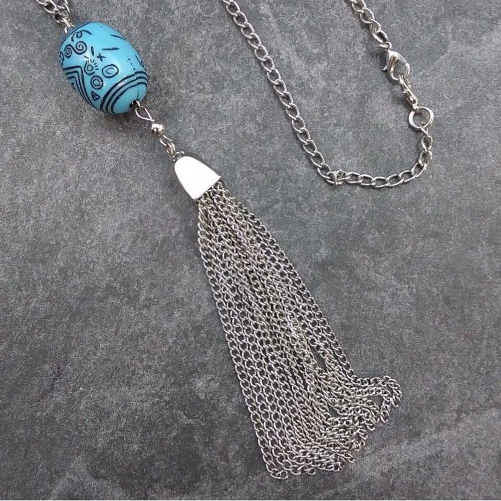 Vintage Silver Tone Blue Stone & Tassel Necklace.… - image 3