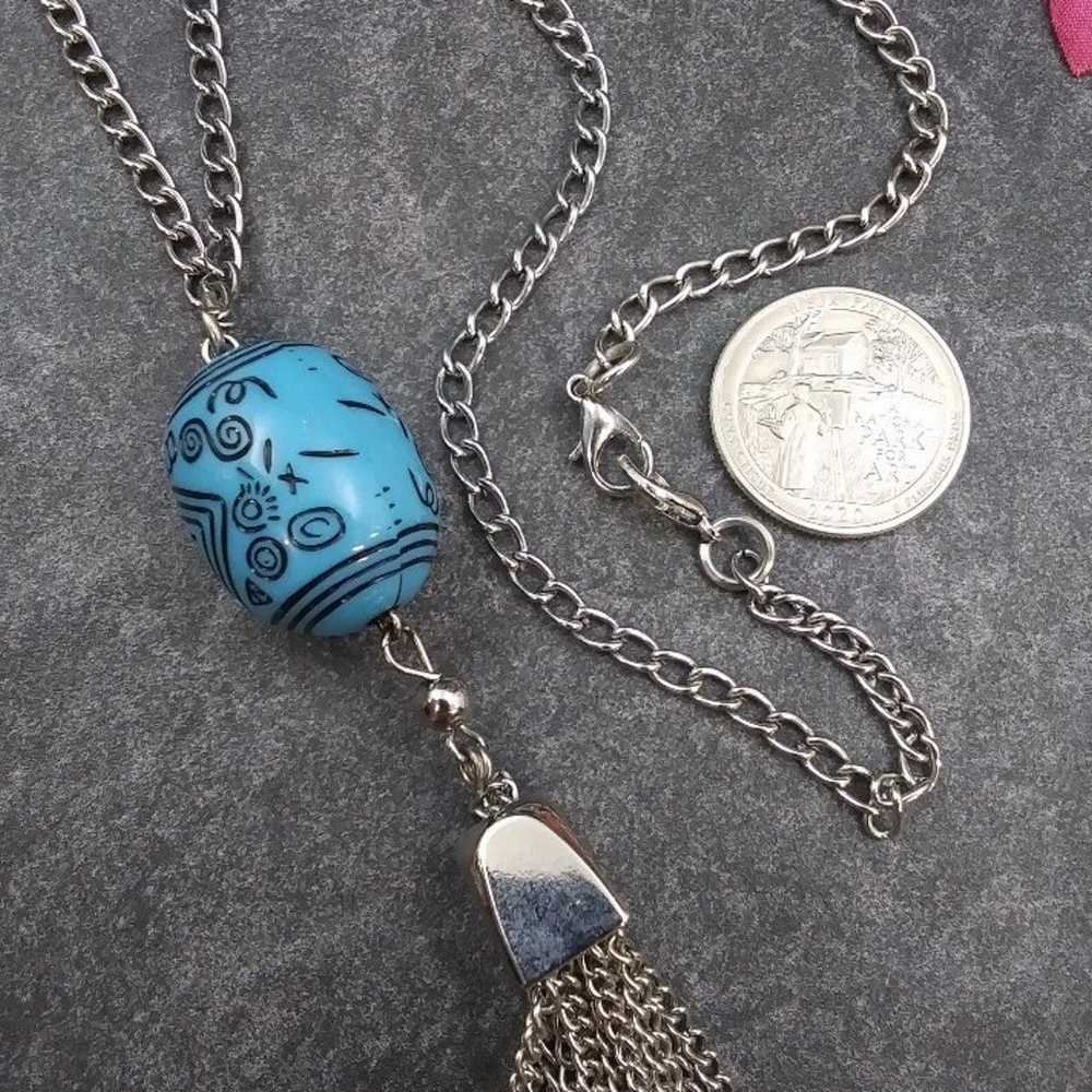 Vintage Silver Tone Blue Stone & Tassel Necklace.… - image 5