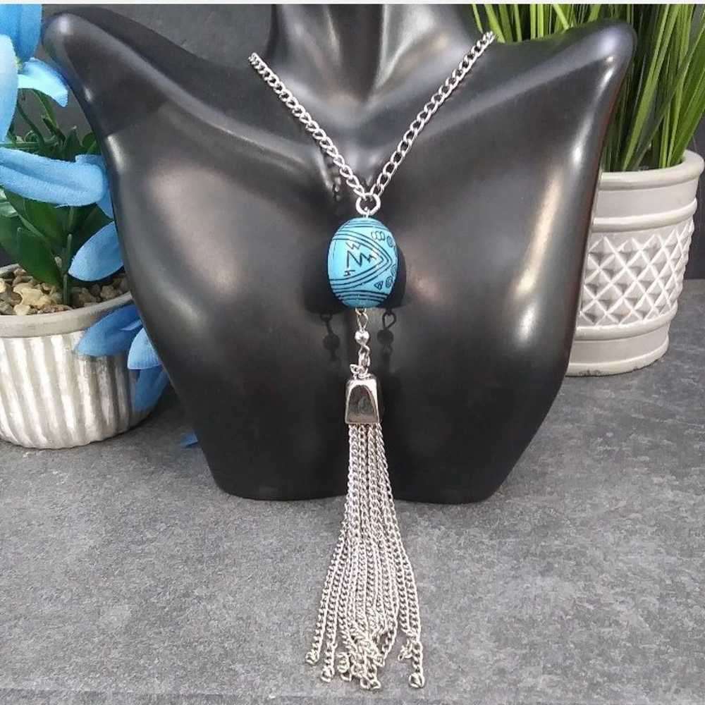 Vintage Silver Tone Blue Stone & Tassel Necklace.… - image 7