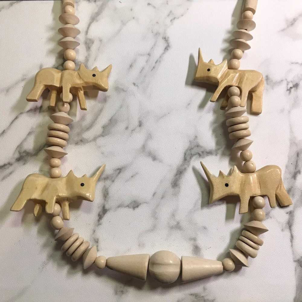 Carved Rhino Round Wooden Beads Necklace - image 2