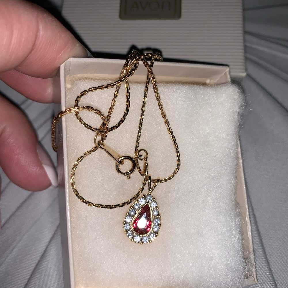 Vintage Avon teardrop ruby and rhinestone Necklace - image 2