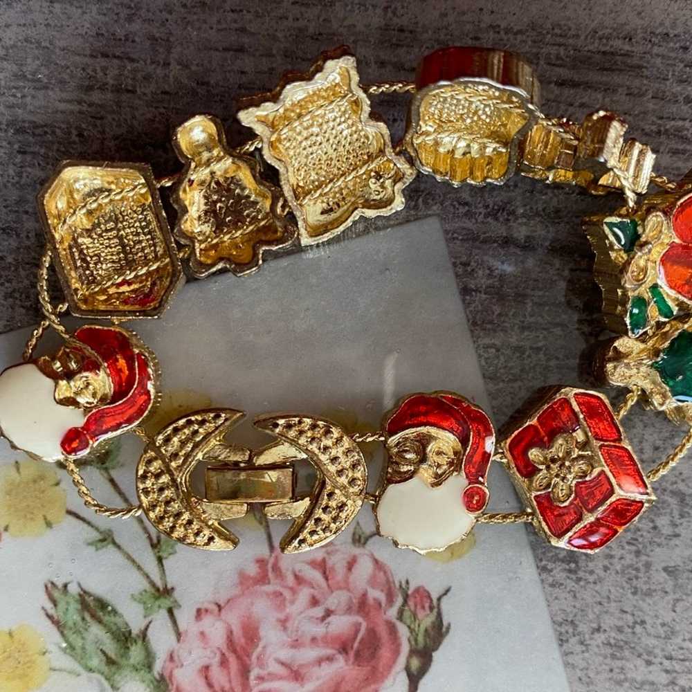 Vintage Christmas Slide Charm Bracelet Gold Tone … - image 3