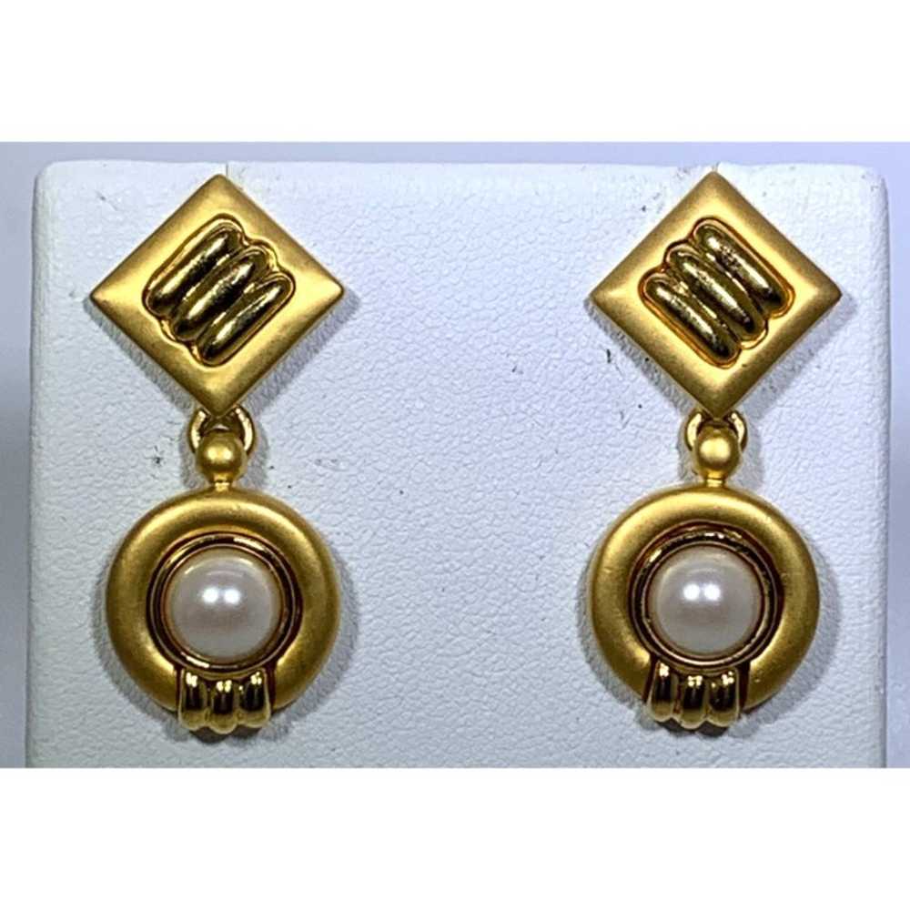 Earrings Pierced Hanging Gold Tone Pearl Vintage - image 1