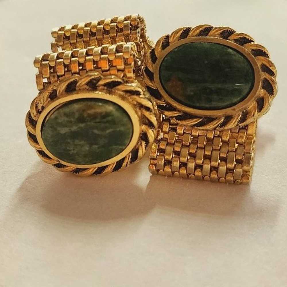 gold Cufflinks with Green Vintage Green marble ce… - image 2