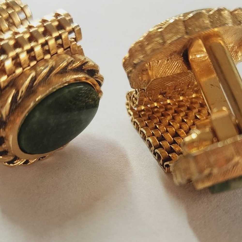 gold Cufflinks with Green Vintage Green marble ce… - image 3