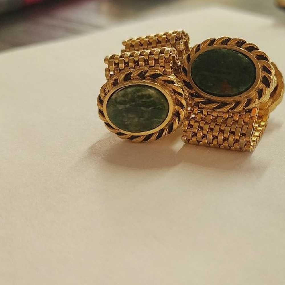 gold Cufflinks with Green Vintage Green marble ce… - image 4