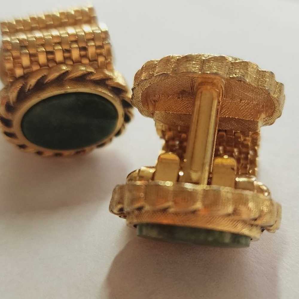 gold Cufflinks with Green Vintage Green marble ce… - image 5