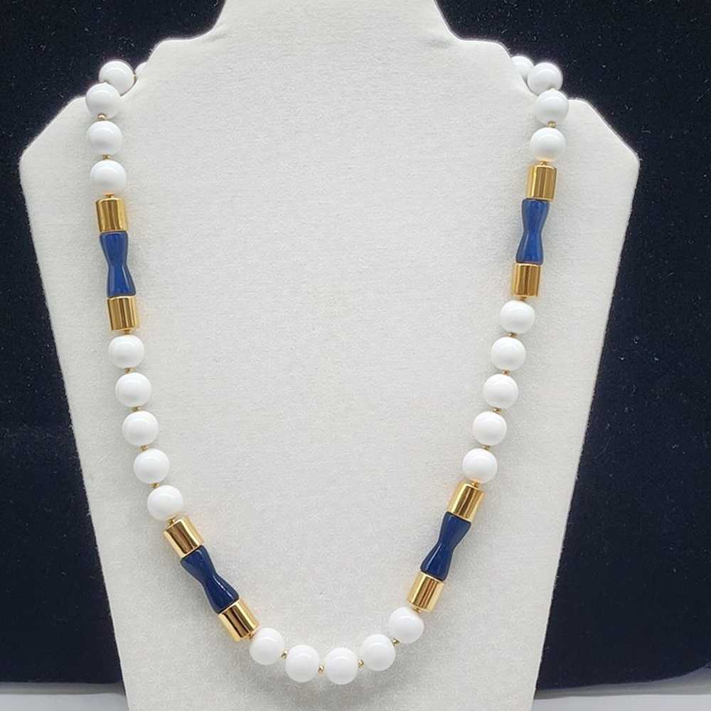 Vintage Napier Large White Blue Bead Gold Tone Sp… - image 1