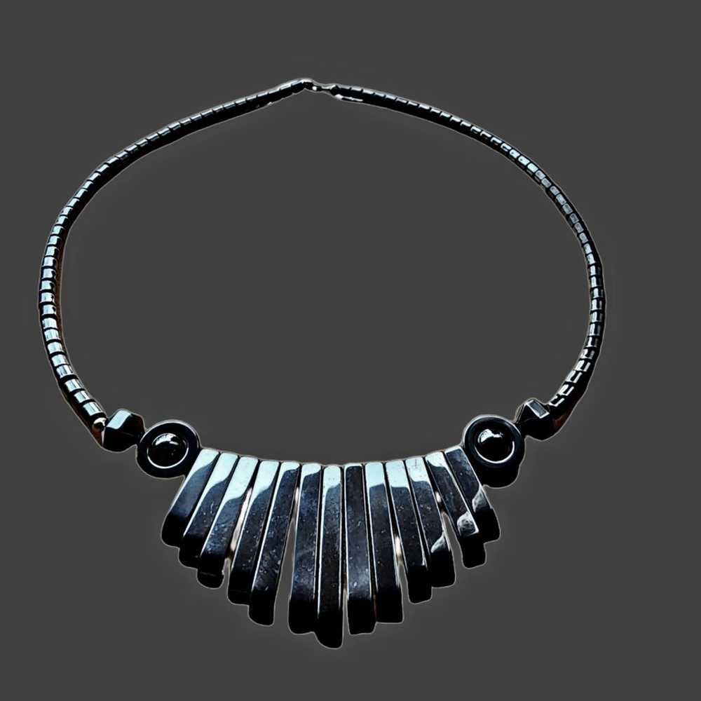 Vintage Y2K Hematite Beaded Waterfall Fan Necklace - image 2