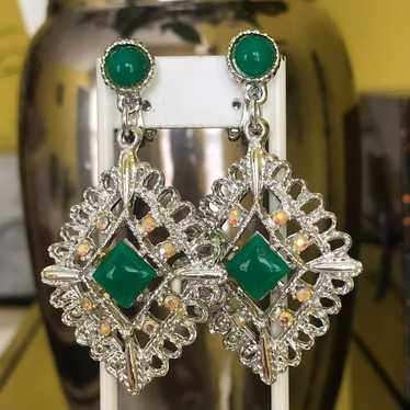 Vintage Green Cab Silver Tone Drop Clip Earrings - image 1