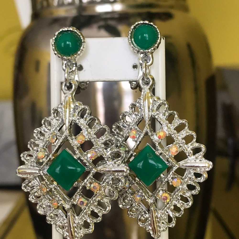 Vintage Green Cab Silver Tone Drop Clip Earrings - image 2