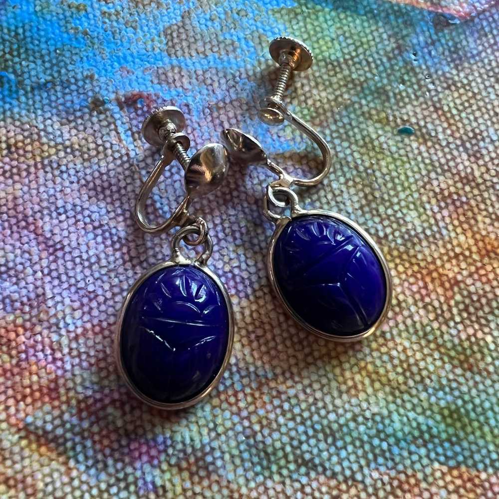 Blue Scarab Gold Screw Back Vintage Earrings - image 1