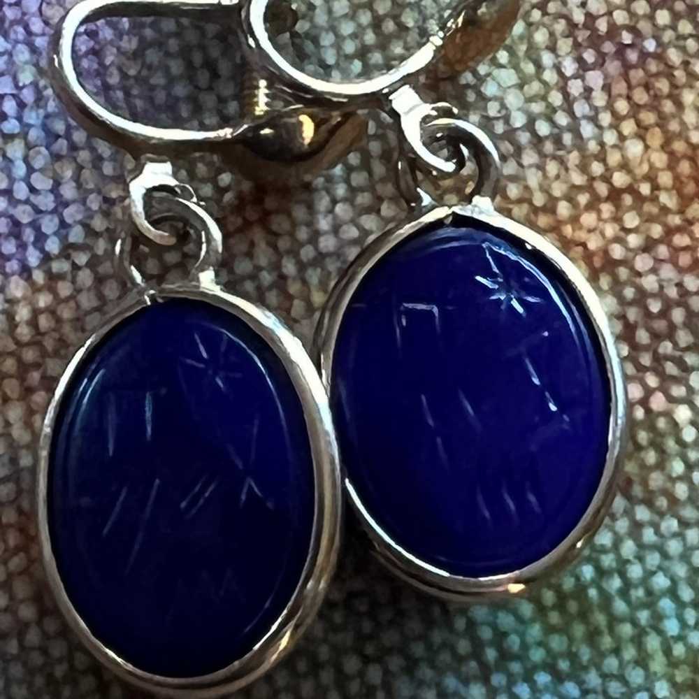 Blue Scarab Gold Screw Back Vintage Earrings - image 3