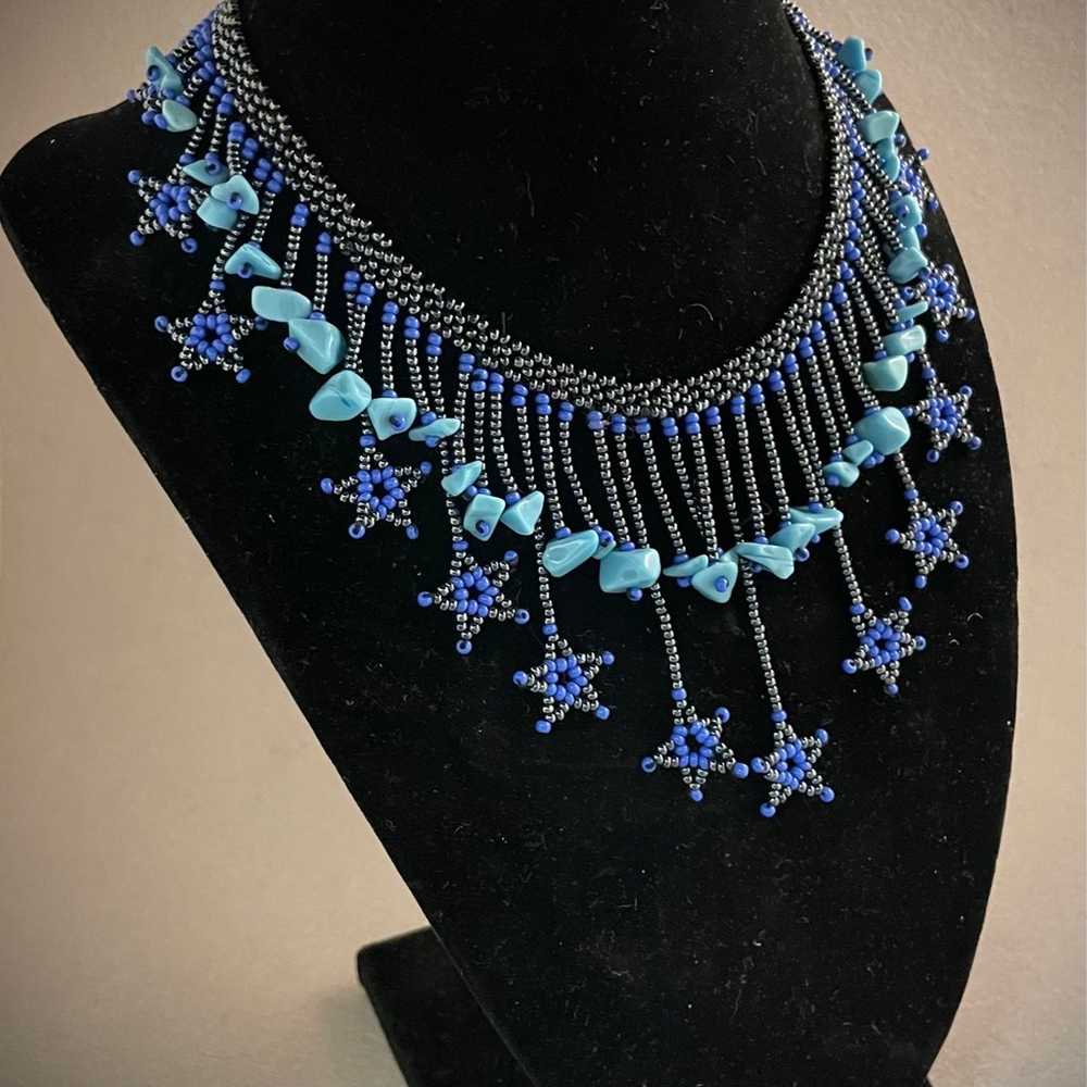 Vintage Woven Stars Seed Bead Tassle Necklace - image 3