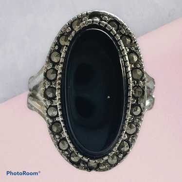 Vintage 18KHGE Onyx marcasite ring - image 1