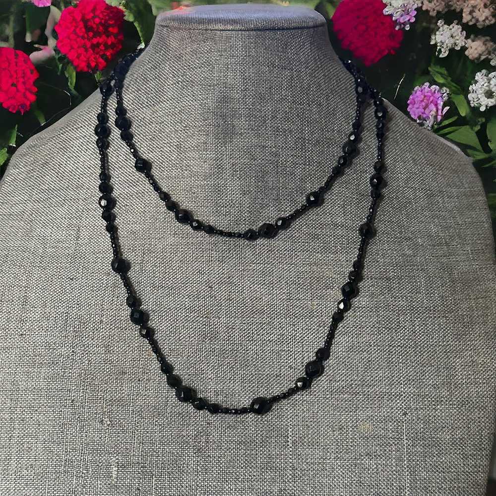 Vintage long black glass bead necklace - image 1