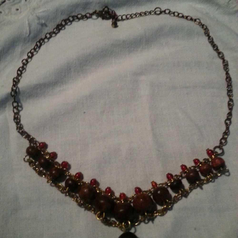 Vintage Wood and Red stone Necklace - image 1