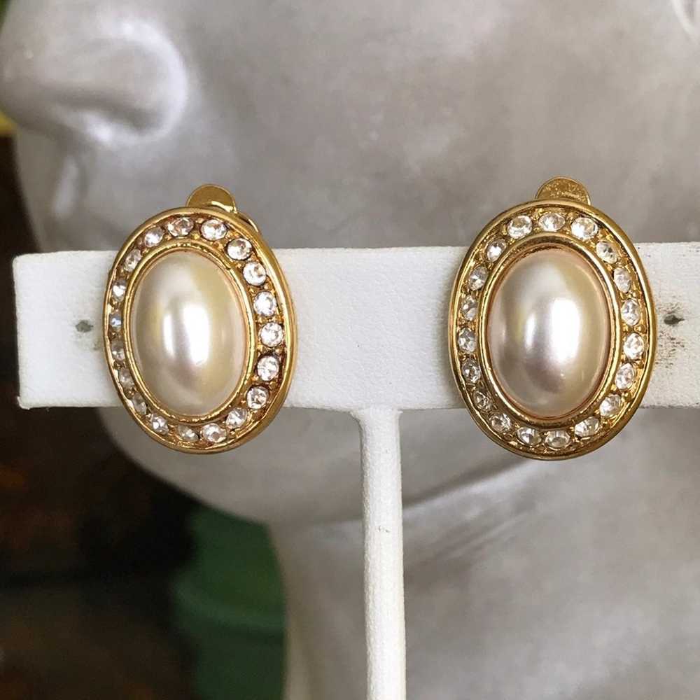 Vintage Pearl Zirconia Gold Tone Clip Earrings - image 1