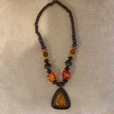 Vintage Chunky Wood And Amber Necklace