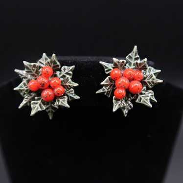 Vintage Holly Screw Back Earrings Glitter Christm… - image 1