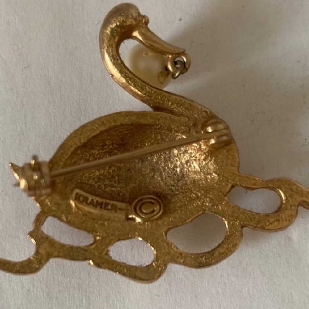 Vintage Gold Tone Swan Brooch signed Kramer - image 2