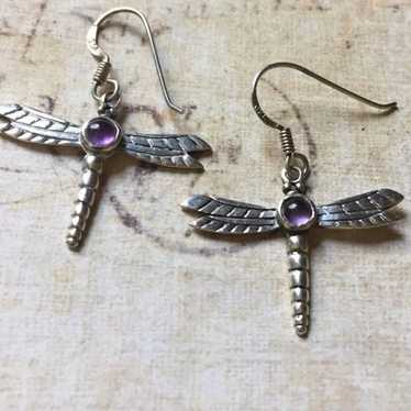 Vintage 925 amethyst dragonfly earrings - image 1