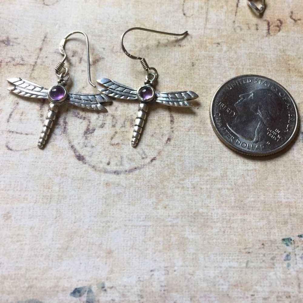 Vintage 925 amethyst dragonfly earrings - image 3